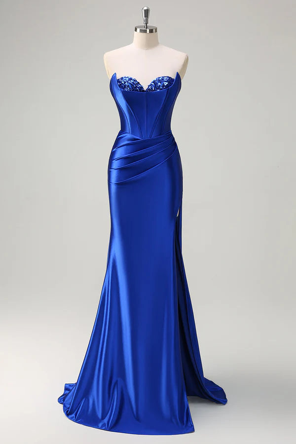 Royal Blue Mermaid Strapless Corset Sequin Ruched Long Prom Dress with Slit simple gentle atmospheric and unique desi