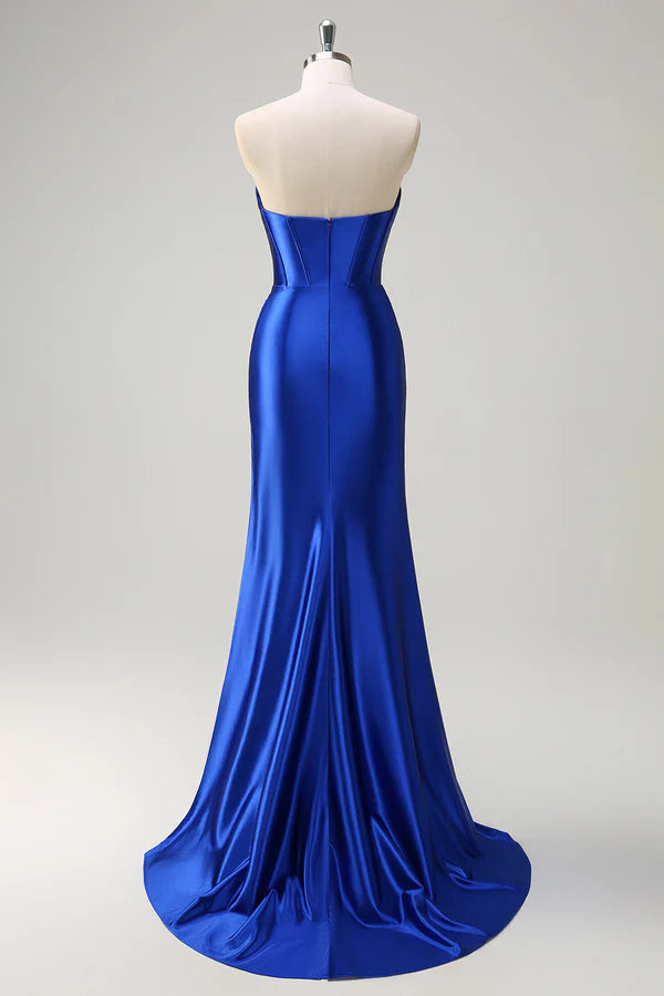 Royal Blue Mermaid Strapless Corset Sequin Ruched Long Prom Dress with Slit simple gentle atmospheric and unique desi