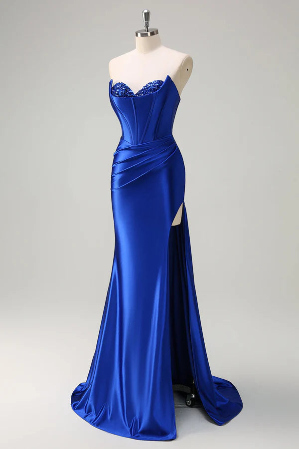 Royal Blue Mermaid Strapless Corset Sequin Ruched Long Prom Dress with Slit simple gentle atmospheric and unique desi
