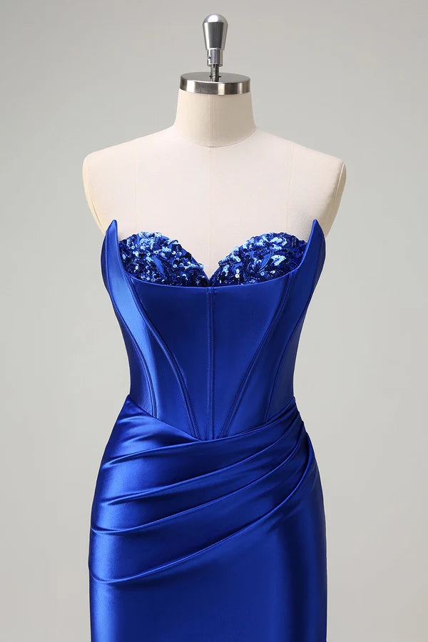 Royal Blue Mermaid Strapless Corset Sequin Ruched Long Prom Dress with Slit simple gentle atmospheric and unique desi