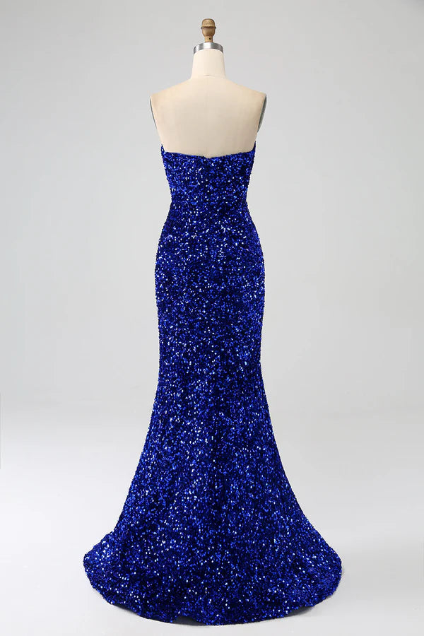 Royal Blue Mermaid Strapless Sequins Long Prom Dress With Slit simple gentle atmospheric and unique desi