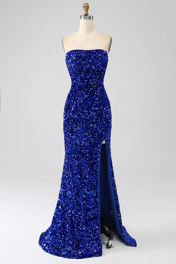 Royal Blue Mermaid Strapless Sequins Long Prom Dress With Slit simple gentle atmospheric and unique desi
