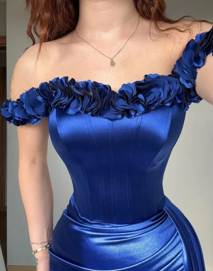 Royal Blue Mermaid Straps Corset Pleated Satin Long Prom Dress Evening Dress simple gentle atmospheric and unique desi Bring summer colors to enhance whiteness