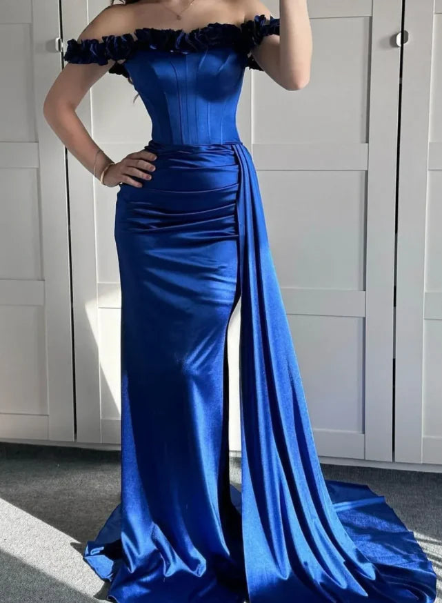 Royal Blue Mermaid Straps Corset Pleated Satin Long Prom Dress Evening Dress simple gentle atmospheric and unique desi Bring summer colors to enhance whiteness