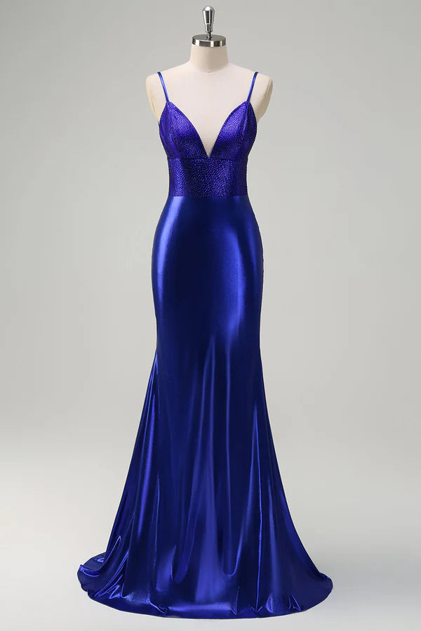 Royal Blue Mermaid V-Neck Beaded Satin Prom Dress With Open Back simple gentle atmospheric and unique desi