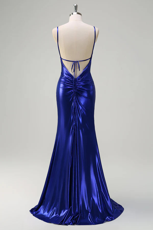 Royal Blue Mermaid V-Neck Beaded Satin Prom Dress With Open Back simple gentle atmospheric and unique desi