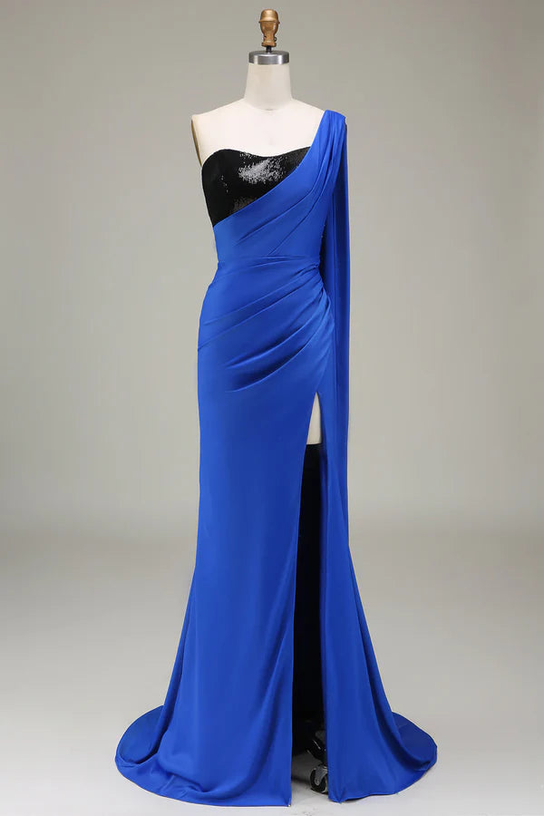 Royal Blue One Shoulder Satin and Sequin Mermaid Pleated Prom Dress with Slit Simple gentle atmospheric and unique desig