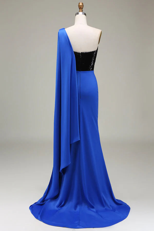 Royal Blue One Shoulder Satin and Sequin Mermaid Pleated Prom Dress with Slit Simple gentle atmospheric and unique desig