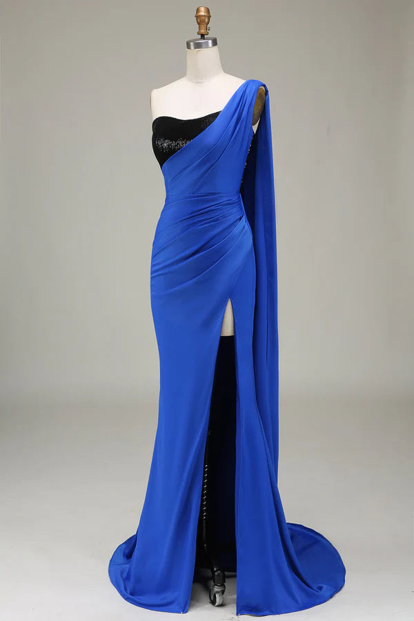 Royal Blue One Shoulder Satin and Sequin Mermaid Pleated Prom Dress with Slit Simple gentle atmospheric and unique desig
