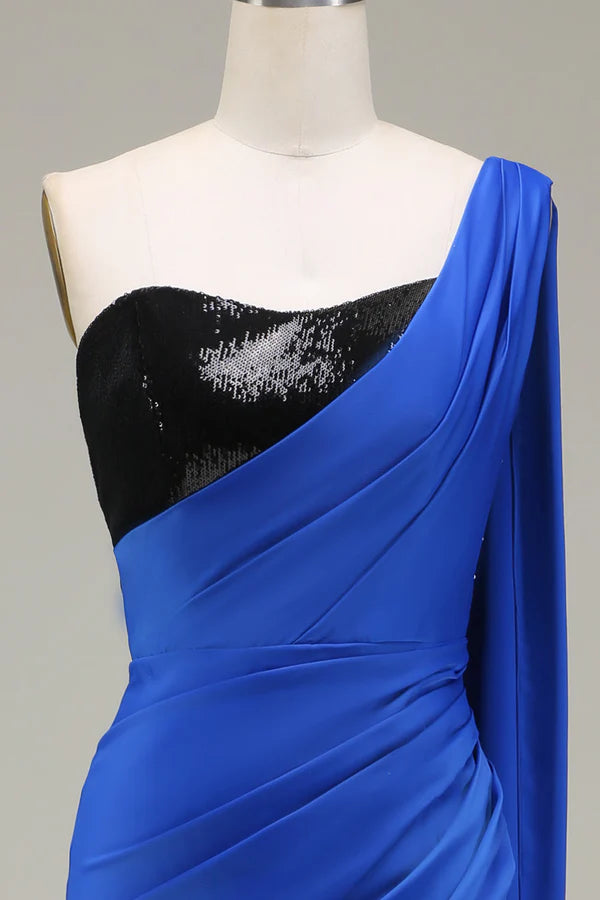 Royal Blue One Shoulder Satin and Sequin Mermaid Pleated Prom Dress with Slit Simple gentle atmospheric and unique desig