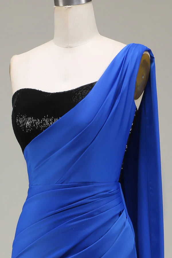 Royal Blue One Shoulder Satin and Sequin Mermaid Pleated Prom Dress with Slit Simple gentle atmospheric and unique desig