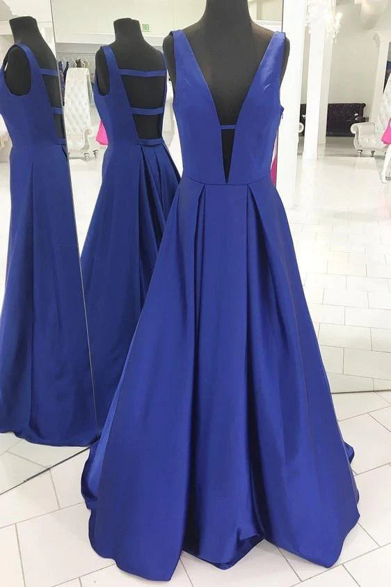 Royal Blue Satin Prom Gowns with Deep V-neckline Formal Dresses simple gentle atmospheric and unique desi Bring summer colors to enhance whitenes