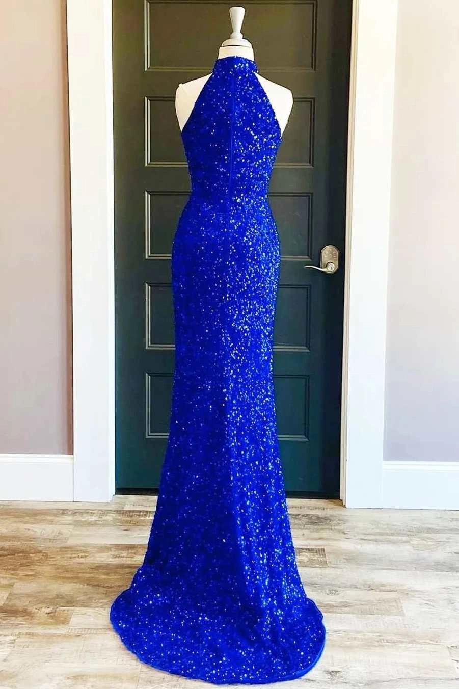 Royal Blue Sequin Halter Long Formal Dress with Slit Prom Dresses simple gentle atmospheric and unique desi Bring summer colors to enhance whiteness
