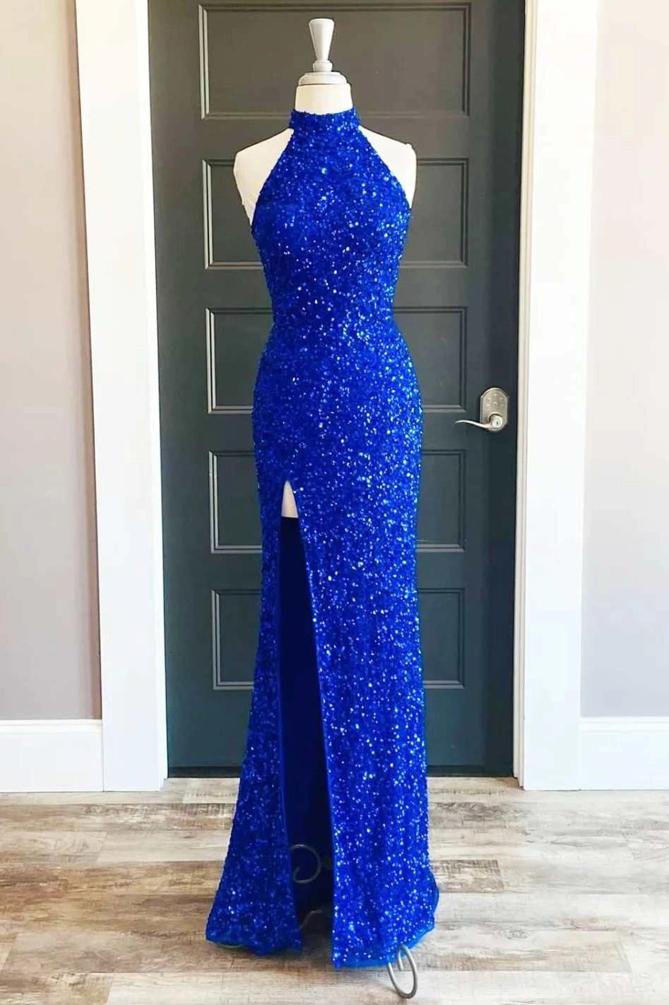 Royal Blue Sequin Halter Long Formal Dress with Slit Prom Dresses simple gentle atmospheric and unique desi Bring summer colors to enhance whiteness