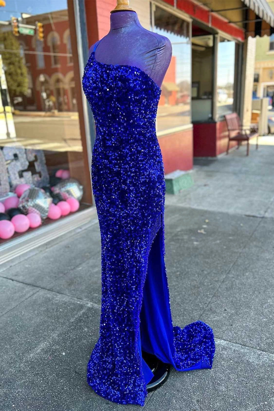 Royal Blue Sequin One-Shoulder Backless Long Prom Dresses with Slit Evening Party Dress simple gentle atmospheric and unique desi Bring summer colors to enhance whiteness