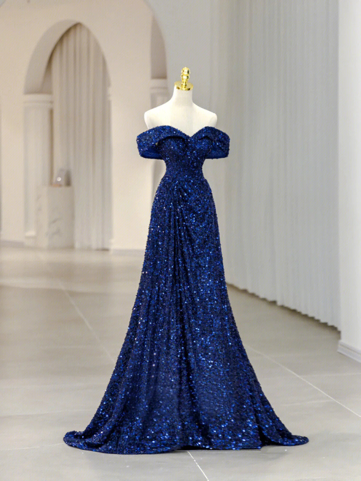 Royal Blue Sequins Long Prom Dress Off the Shoulder Formal Evening Dresses simple gentle atmospheric and unique desi Bring summer colors to enhance whiteness