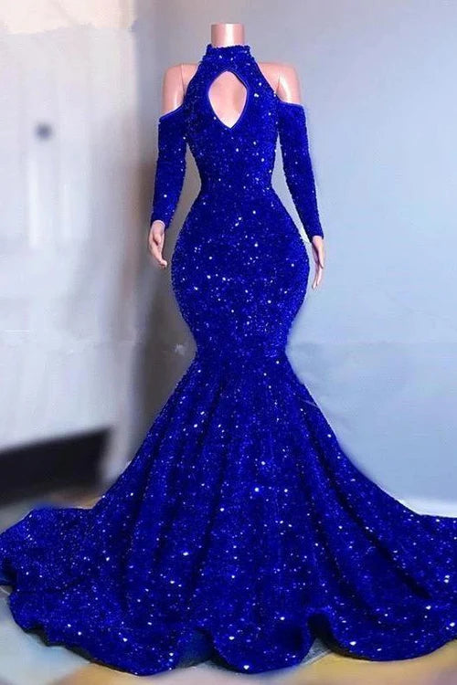 Royal Blue Sequins Prom Dress Mermaid Long Sleeves Simple gentle atmospheric and unique design  ﻿