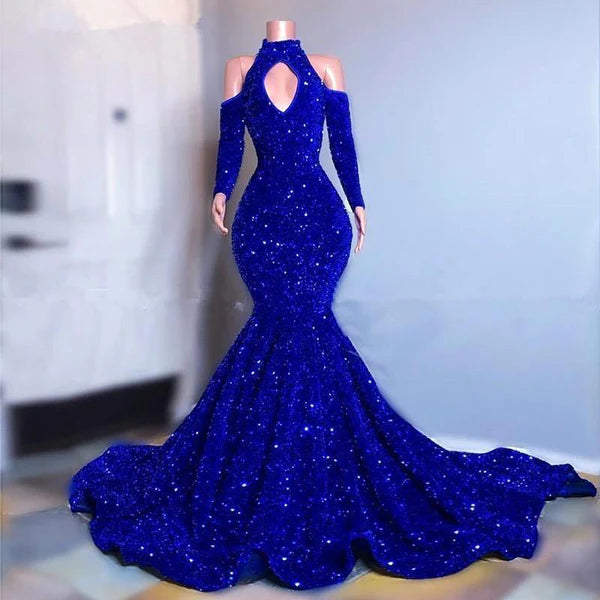 Royal Blue Sequins Prom Dress Mermaid Long Sleeves Simple gentle atmospheric and unique design  ﻿