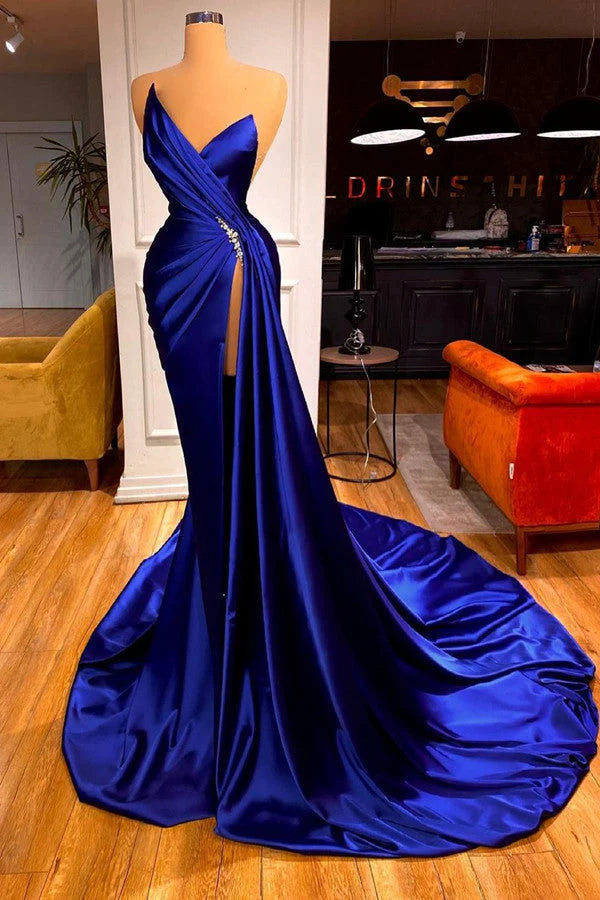Royal Blue Sleeveless Prom Dress Mermaid With Split Simple gentle atmospheric and unique design