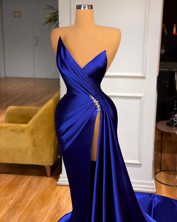 Royal Blue Sleeveless Prom Dress Mermaid With Split Simple gentle atmospheric and unique design
