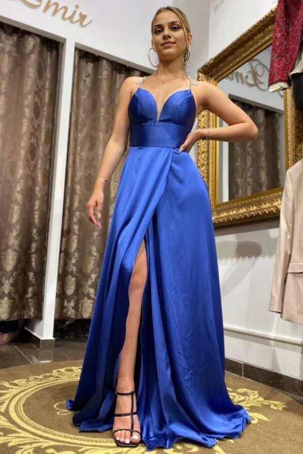 Royal Blue Spaghetti-Straps Prom Dress Long With Slit Simple gentle atmospheric and unique design