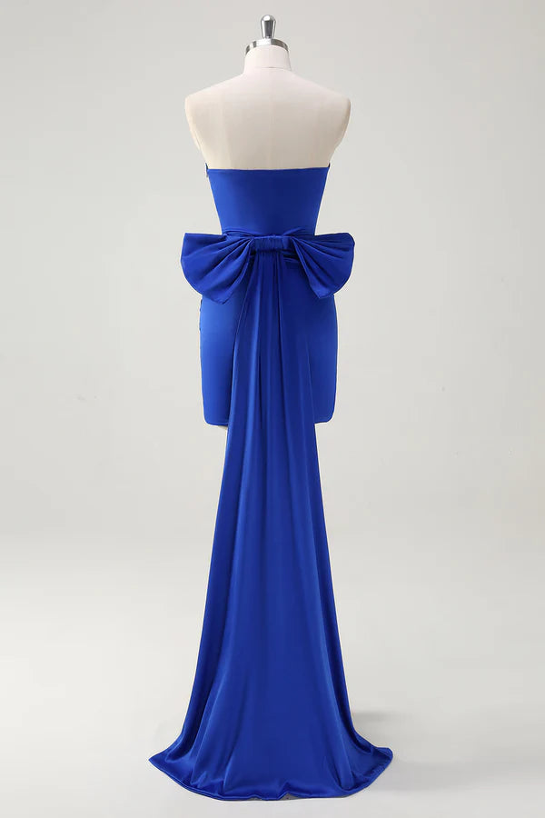 Royal Blue Strapless Short Prom Dress With Big Bow Flowing Train simple gentle atmospheric and unique desi Bring summer colors to enhance whiteness
