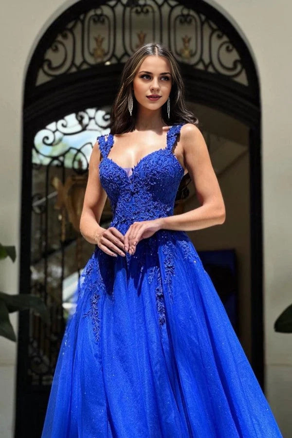 Royal Blue Straps Prom Dress A-Line With Appliques Simple gentle atmospheric and unique design