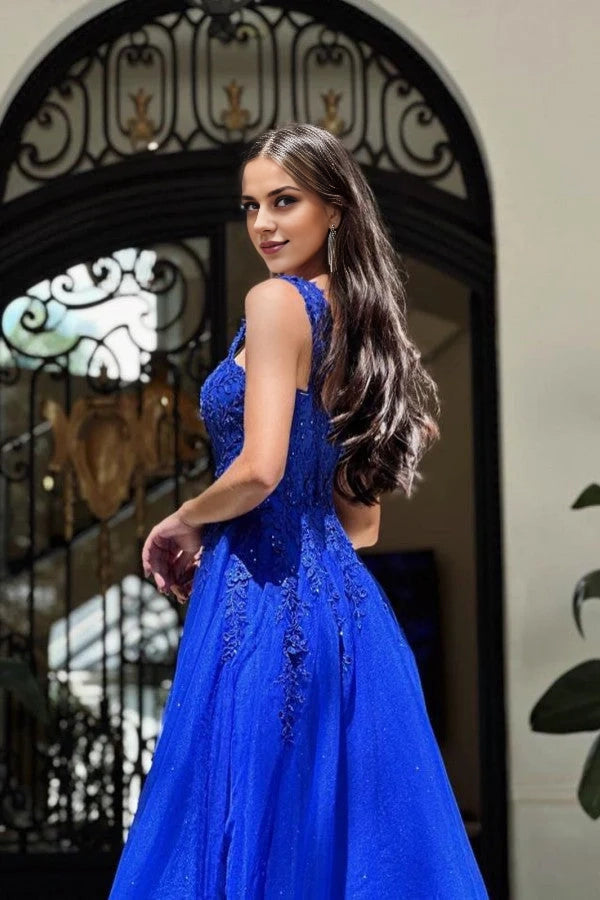 Royal Blue Straps Prom Dress A-Line With Appliques Simple gentle atmospheric and unique design