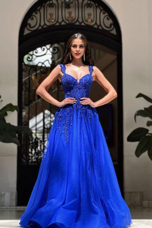 Royal Blue Straps Prom Dress A-Line With Appliques Simple gentle atmospheric and unique design