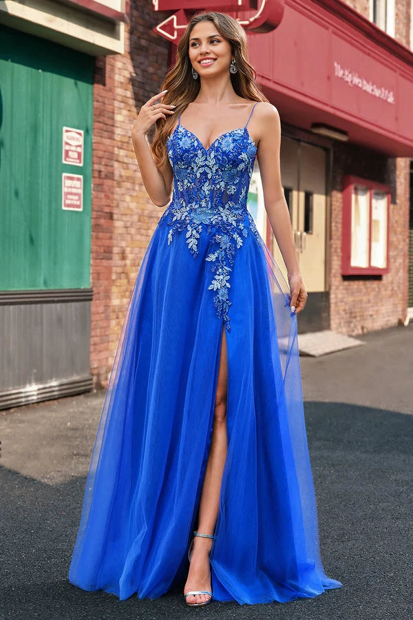 Royal Blue Tulle A-Line Spaghetti Straps Corset Long Prom Dress with Slit simple gentle atmospheric and unique desi Bring summer colors to enhance whiteness