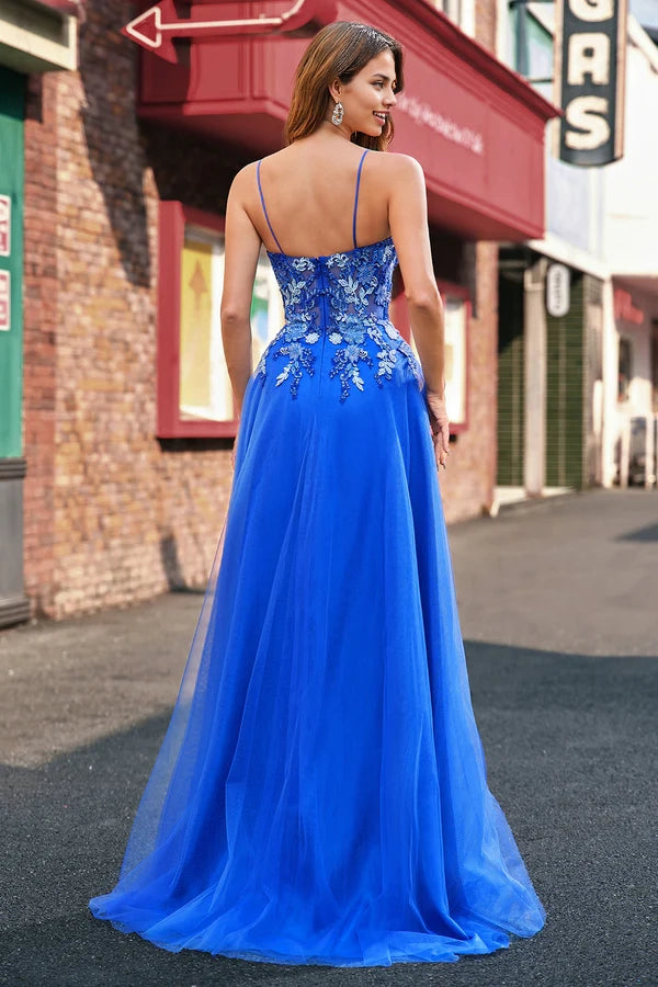 Royal Blue Tulle A-Line Spaghetti Straps Corset Long Prom Dress with Slit simple gentle atmospheric and unique desi Bring summer colors to enhance whiteness