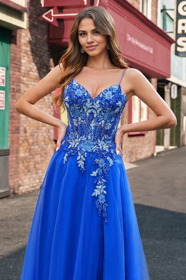 Royal Blue Tulle A-Line Spaghetti Straps Corset Long Prom Dress with Slit simple gentle atmospheric and unique desi Bring summer colors to enhance whiteness