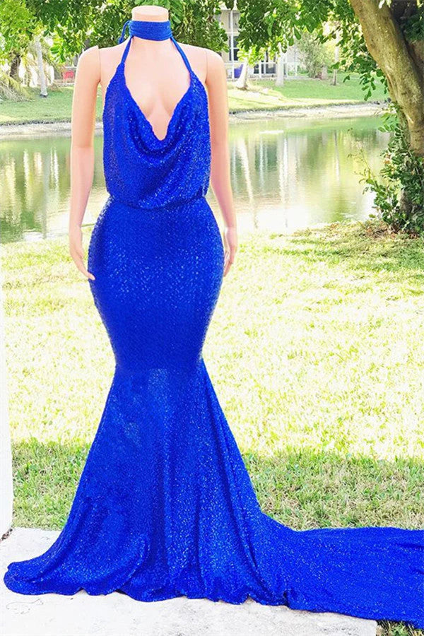 Royal Blue V-Neck Mermaid Prom Dress Sequins Sleeveless Evening Gown Simple gentle atmospheric and unique design