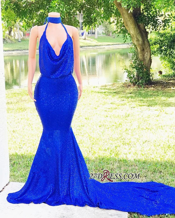 Royal Blue V-Neck Mermaid Prom Dress Sequins Sleeveless Evening Gown Simple gentle atmospheric and unique design