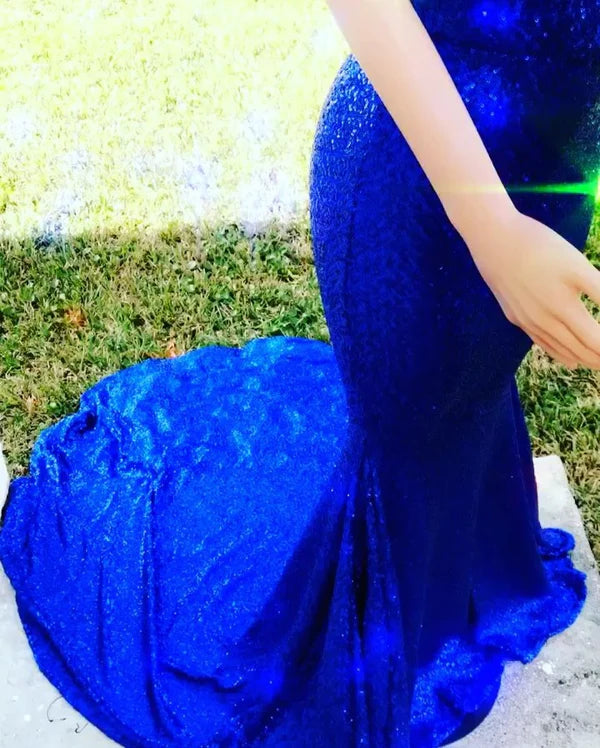 Royal Blue V-Neck Mermaid Prom Dress Sequins Sleeveless Evening Gown Simple gentle atmospheric and unique design