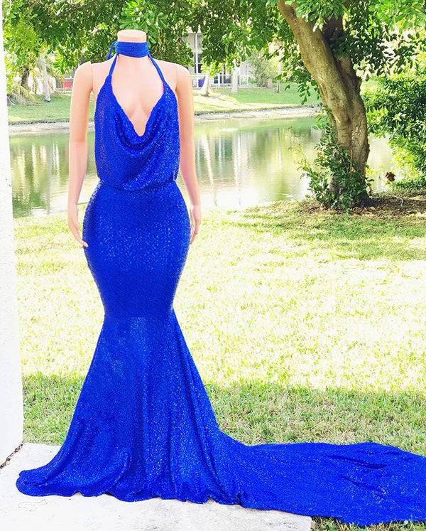 Royal Blue V-Neck Mermaid Prom Dress Sequins Sleeveless Evening Gown Simple gentle atmospheric and unique design