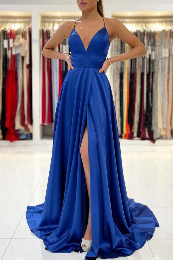 Royal Blue V-Neck Prom Dress Split Long With Spaghetti-Straps Simple gentle atmospheric and unique design