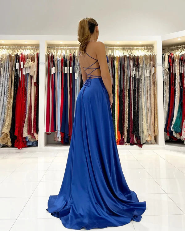 Royal Blue V-Neck Prom Dress Split Long With Spaghetti-Straps Simple gentle atmospheric and unique design