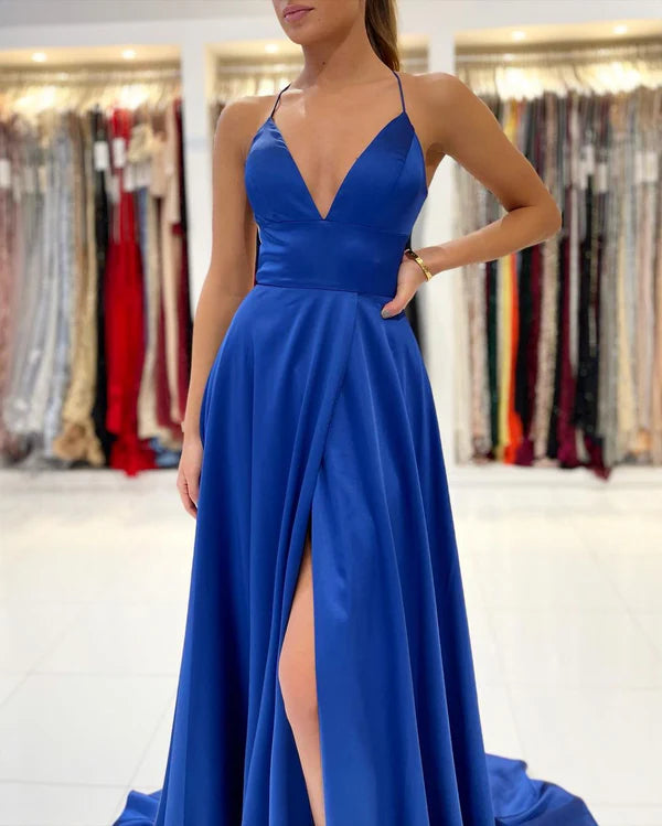 Royal Blue V-Neck Prom Dress Split Long With Spaghetti-Straps Simple gentle atmospheric and unique design