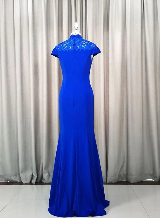 Royal blue dress, Chinese standing collar, lace patchwork collar suitable for dinners, Chinese events, etc