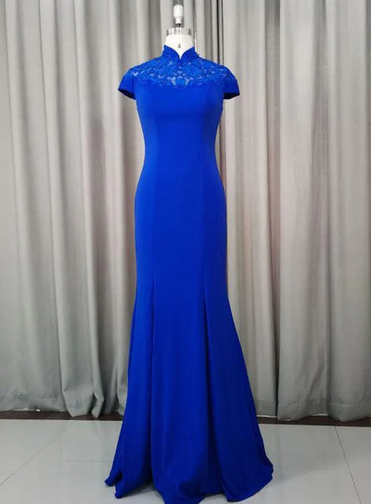 Royal blue dress, Chinese standing collar, lace patchwork collar suitable for dinners, Chinese events, etc