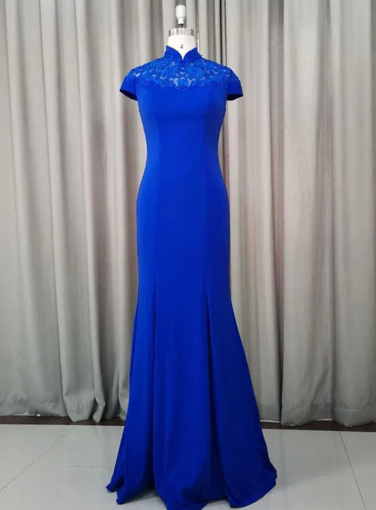 Royal blue dress, Chinese standing collar, lace patchwork collar suitable for dinners, Chinese events, etc