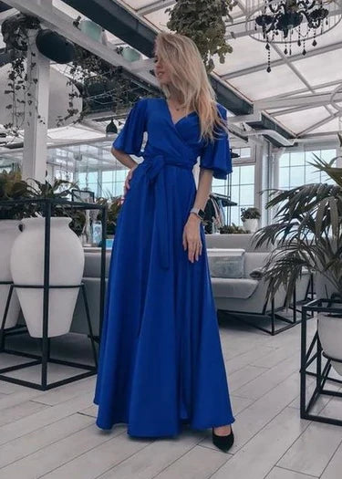Royal blue long dress with V-neck design and flared sleeves, suitable for dinners, parties, etc