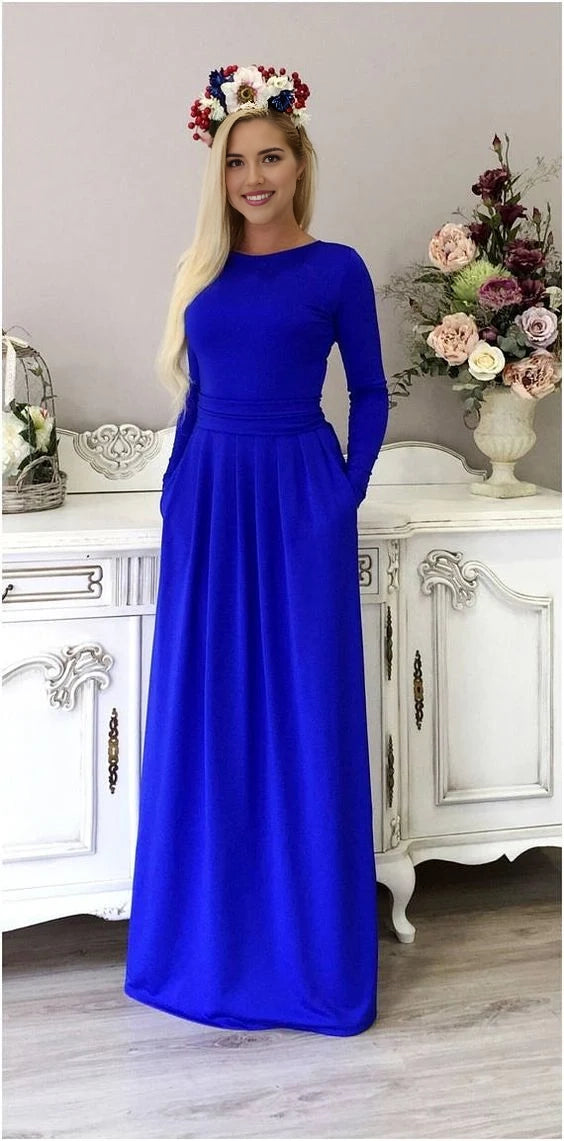 Royal blue long sleeved dress with round neck design and waist cinching treatment suitable for formal activities or daily use