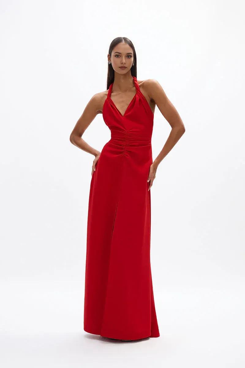 Ruched A Line Halter Neck Sleeveless Open Back High Slit Floor Length For Ladies Prom Dress