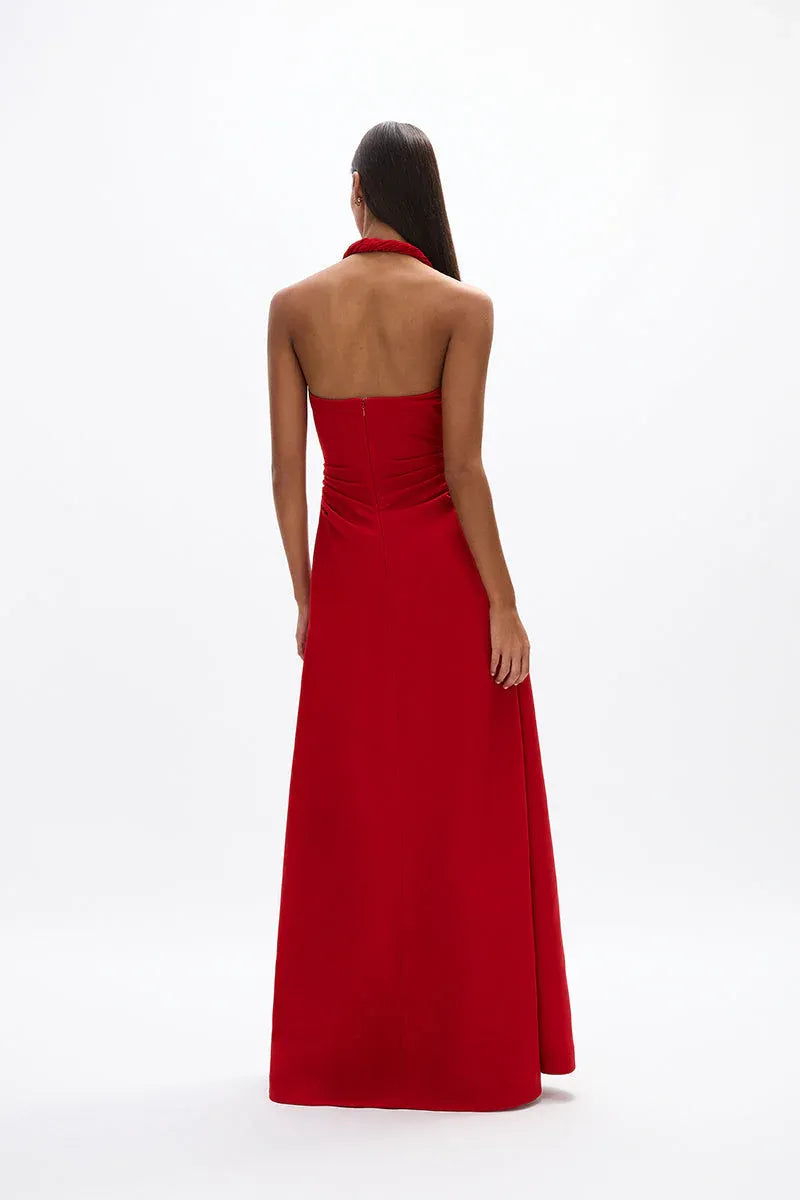 Ruched A Line Halter Neck Sleeveless Open Back High Slit Floor Length For Ladies Prom Dress