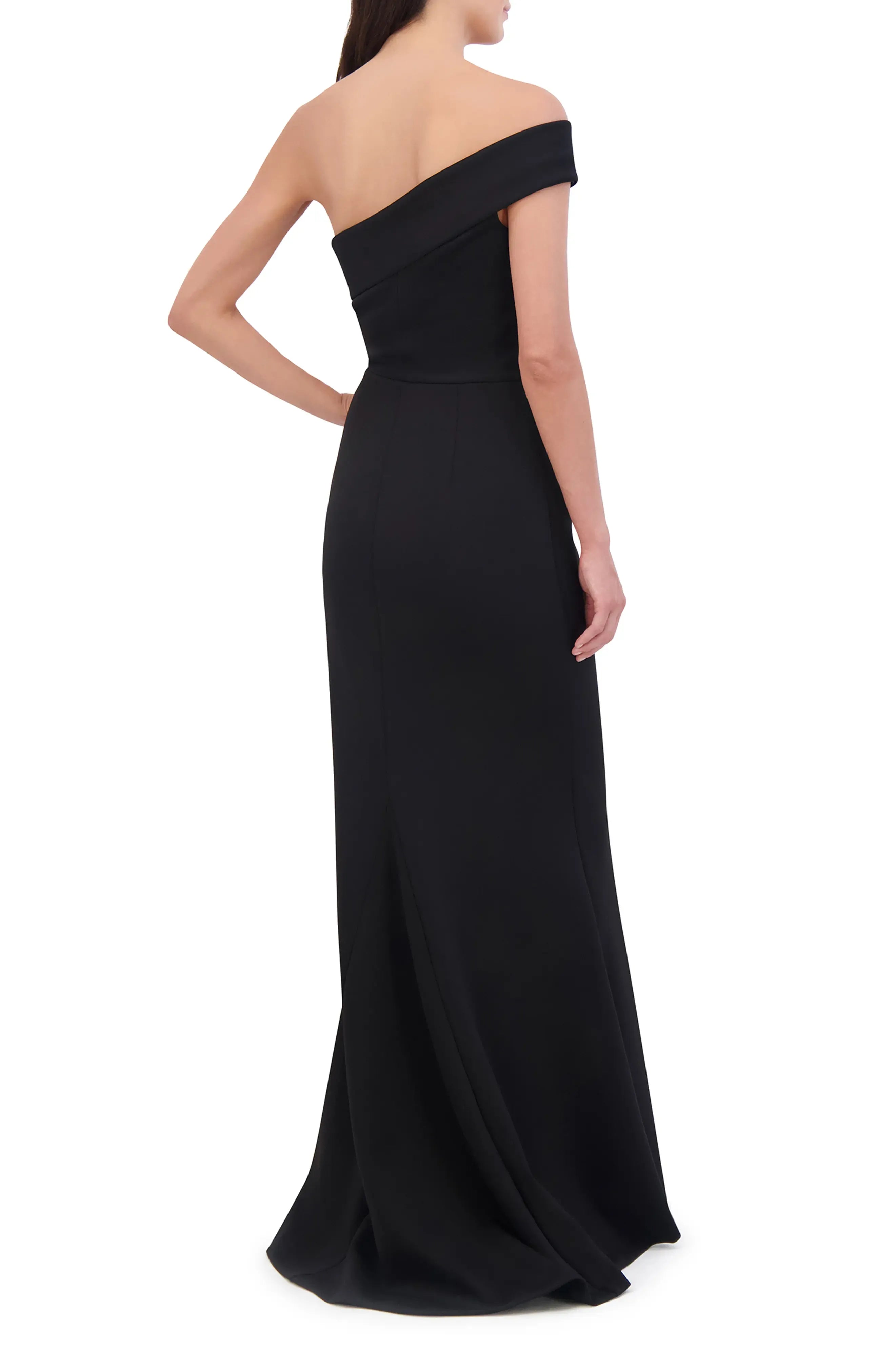 Ruched Accent Mermaid Off the Shoulder One Sleeve Open Back Train Length Female Evening Dress