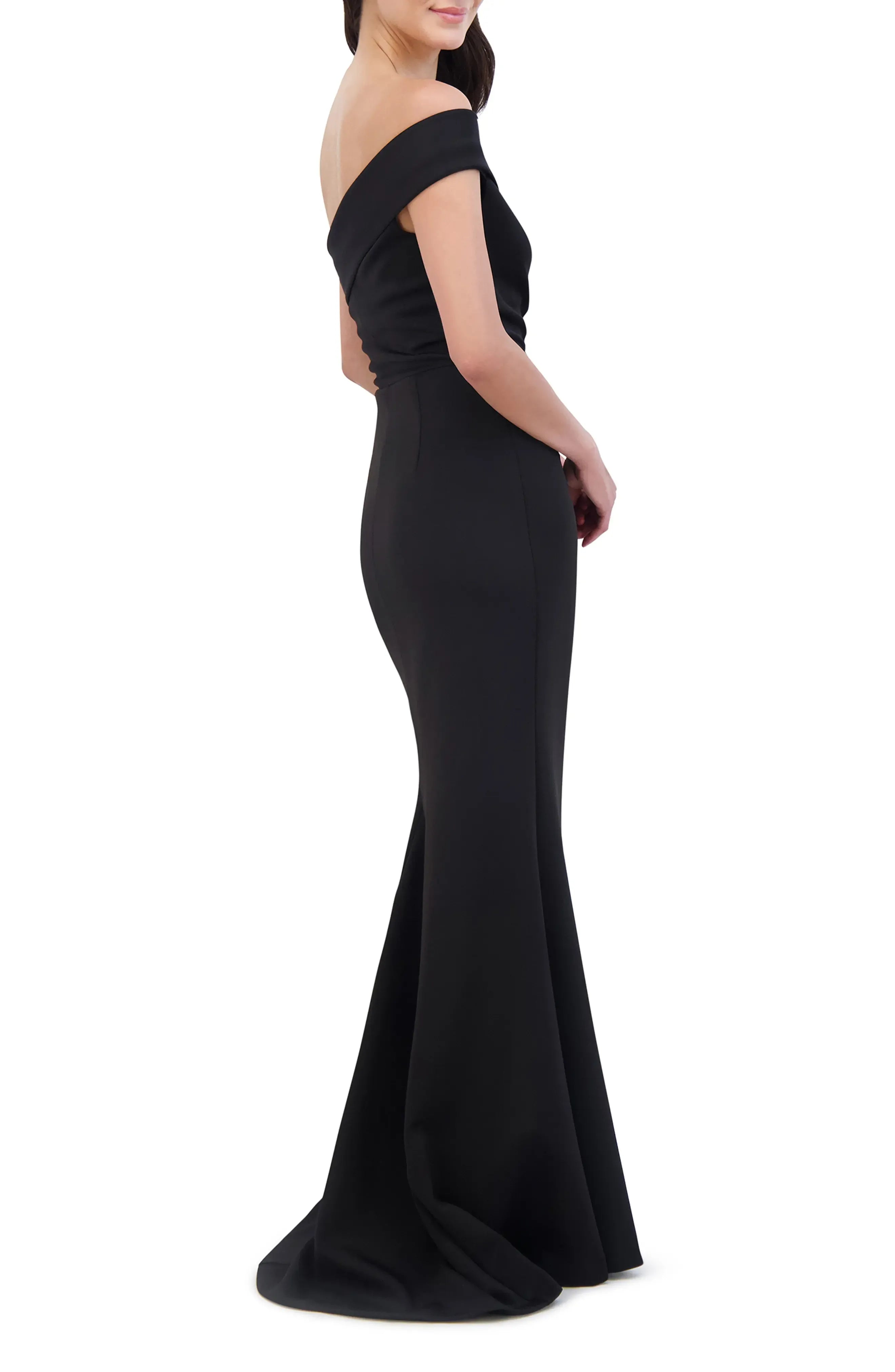 Ruched Accent Mermaid Off the Shoulder One Sleeve Open Back Train Length Female Evening Dress