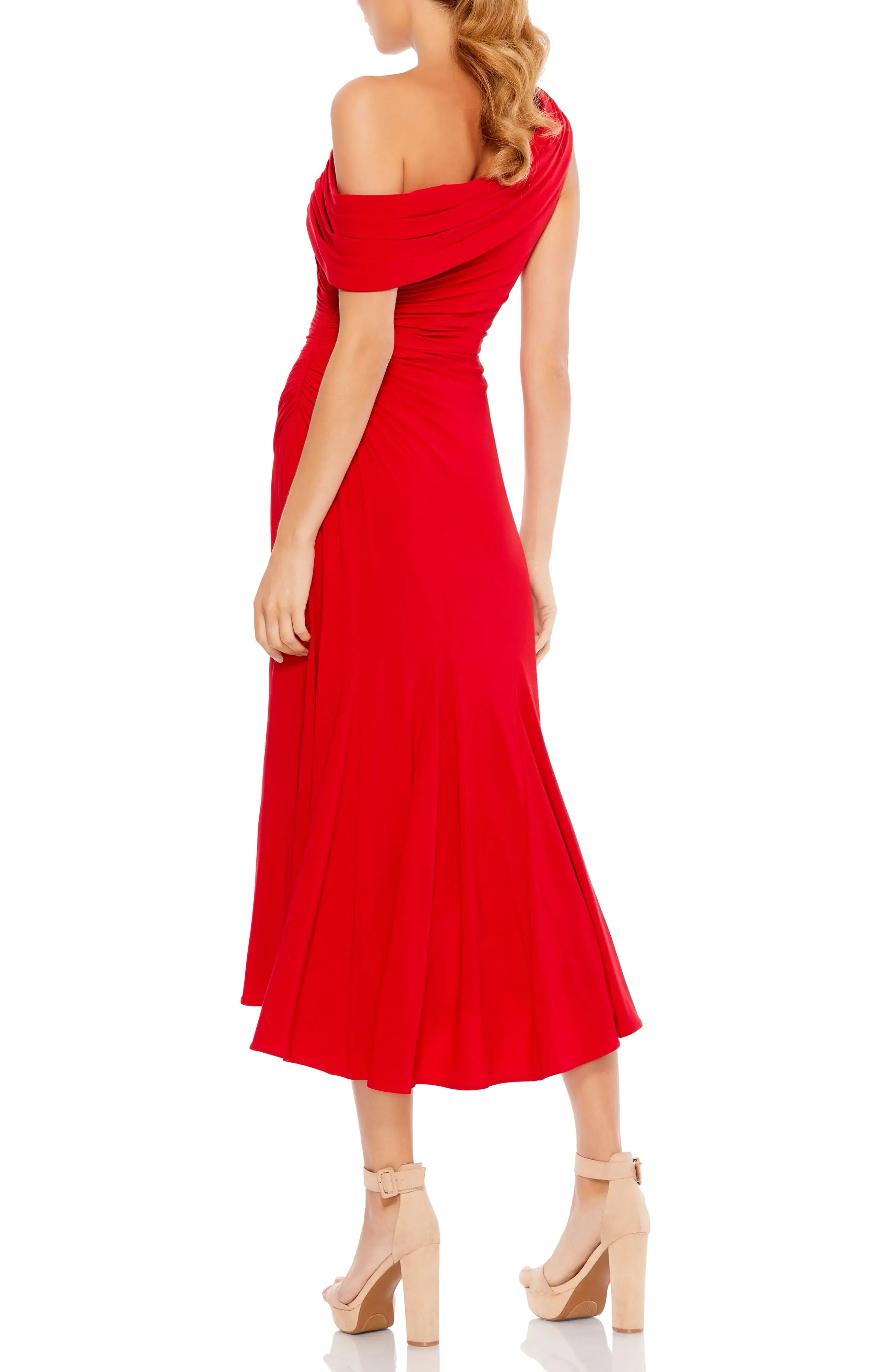 Ruched Fit and Flare One Shoulder Sleeveless Open Back Asymmetrical Midi Length For Ladies Evening Dress
