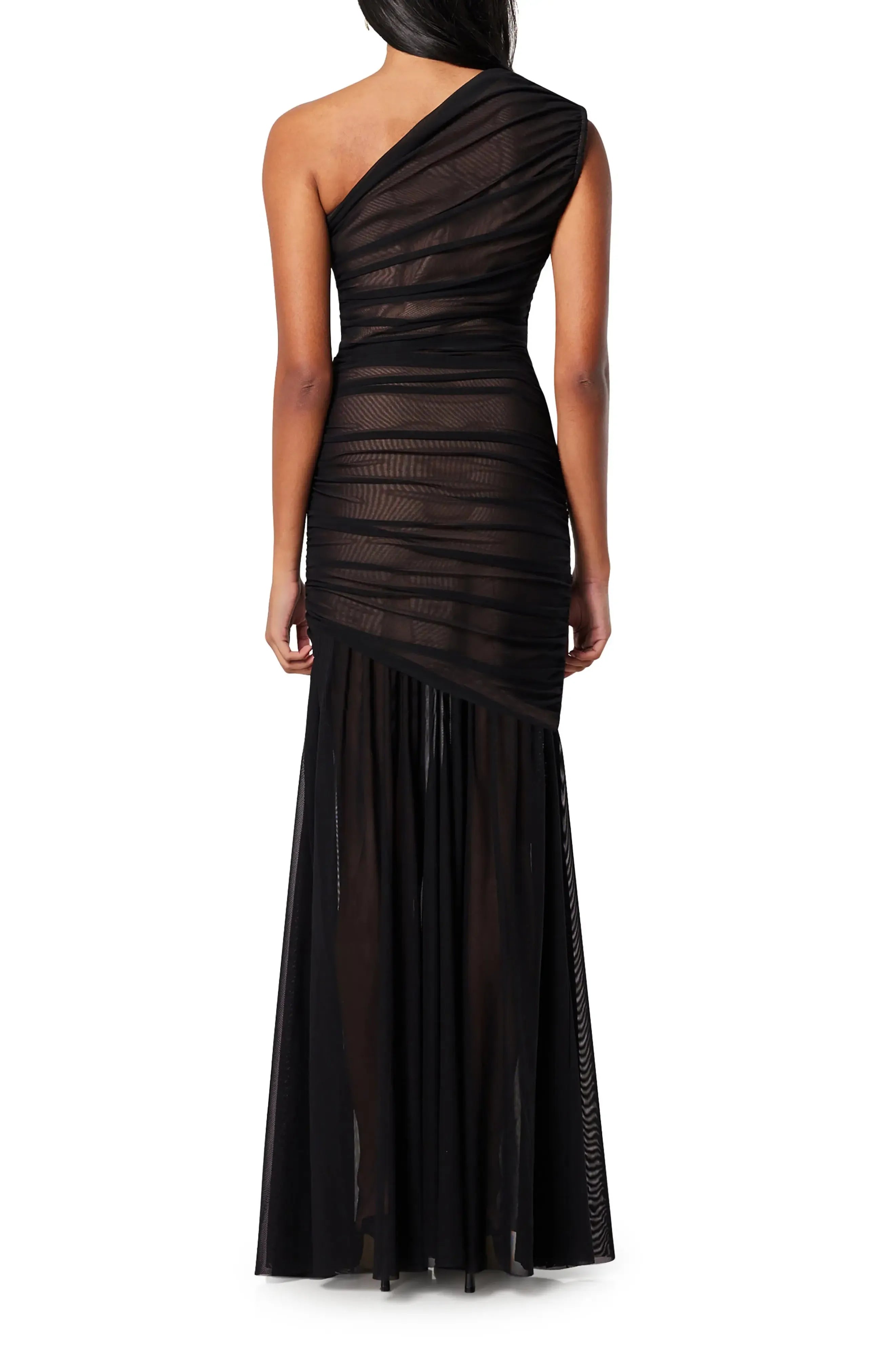 Ruched Mesh Trumpet One Shoulder Single Sleeve Zipper Back Floor Length For Adults Evening Dress